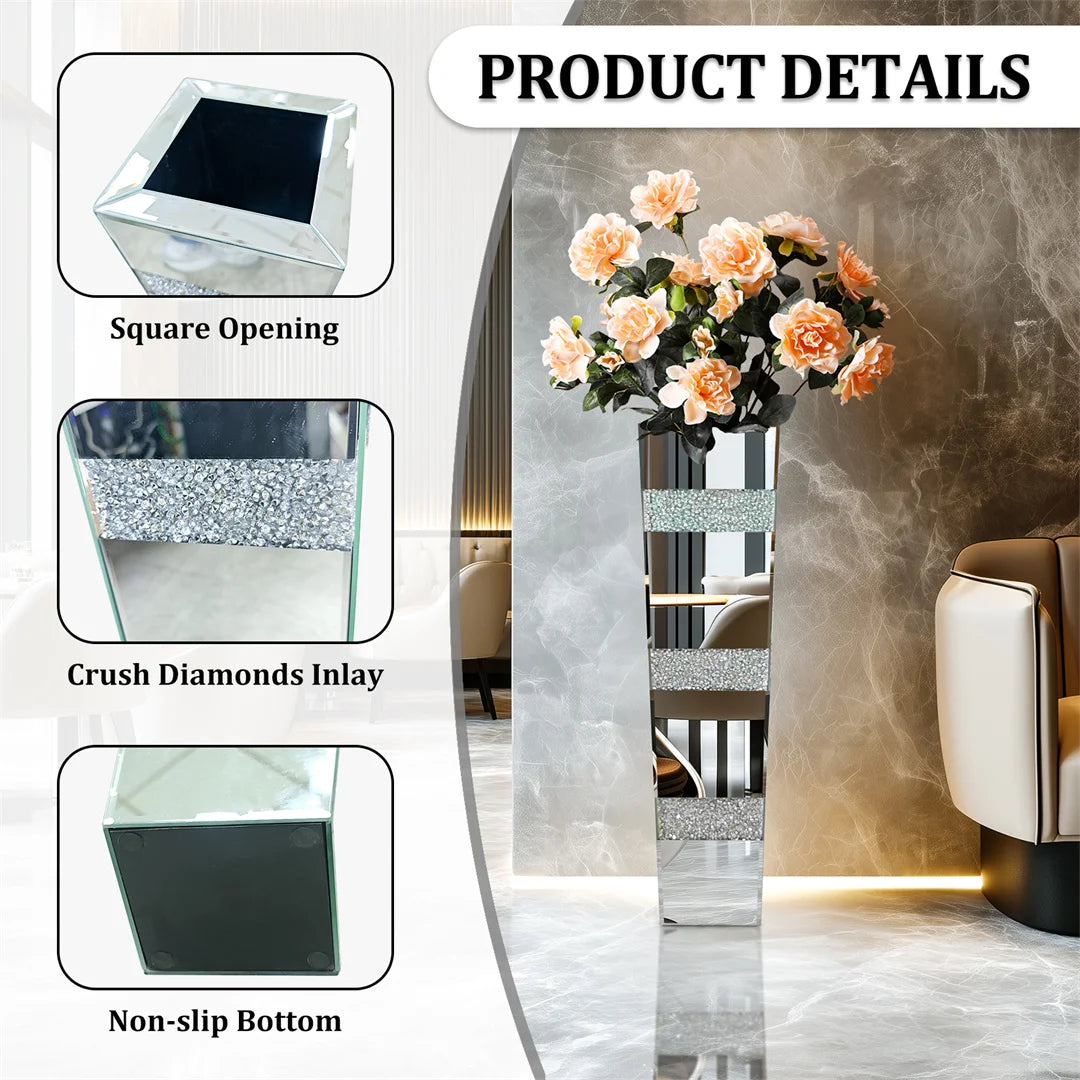 Modern Floor Vase With Crystal Glass Mirrored Stand And Two Piece Set For Elegant Floral Arrangements-A