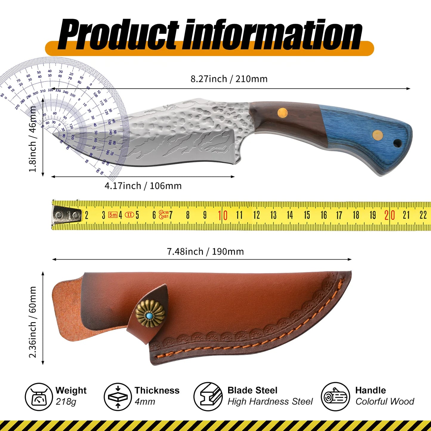 Stainless Steel Fixed Blade Knife With Wooden Handle And Leather Scabbard 14.5 cm Blade-A