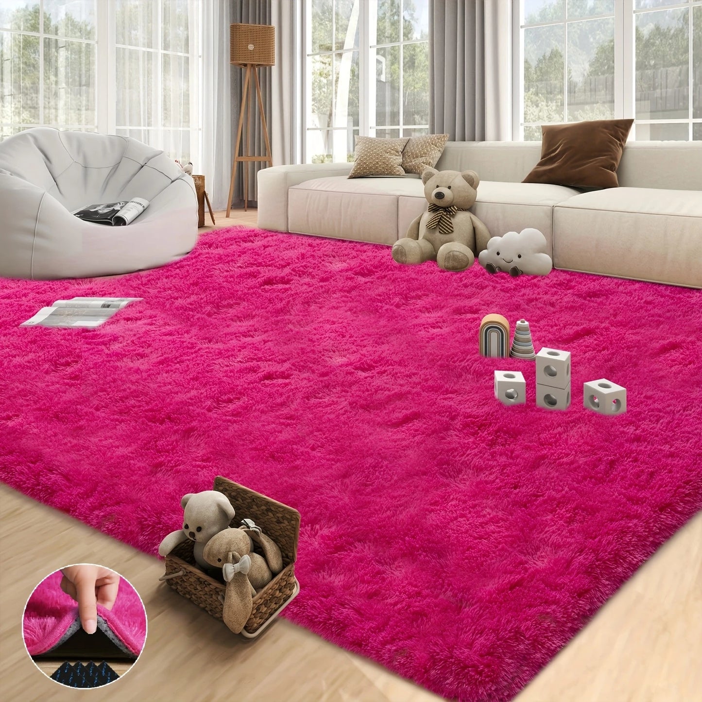 Soft Shaggy Non Slip Rug For Living Room Bedroom Nursery With Rug Stickers And Grippy Pad-A