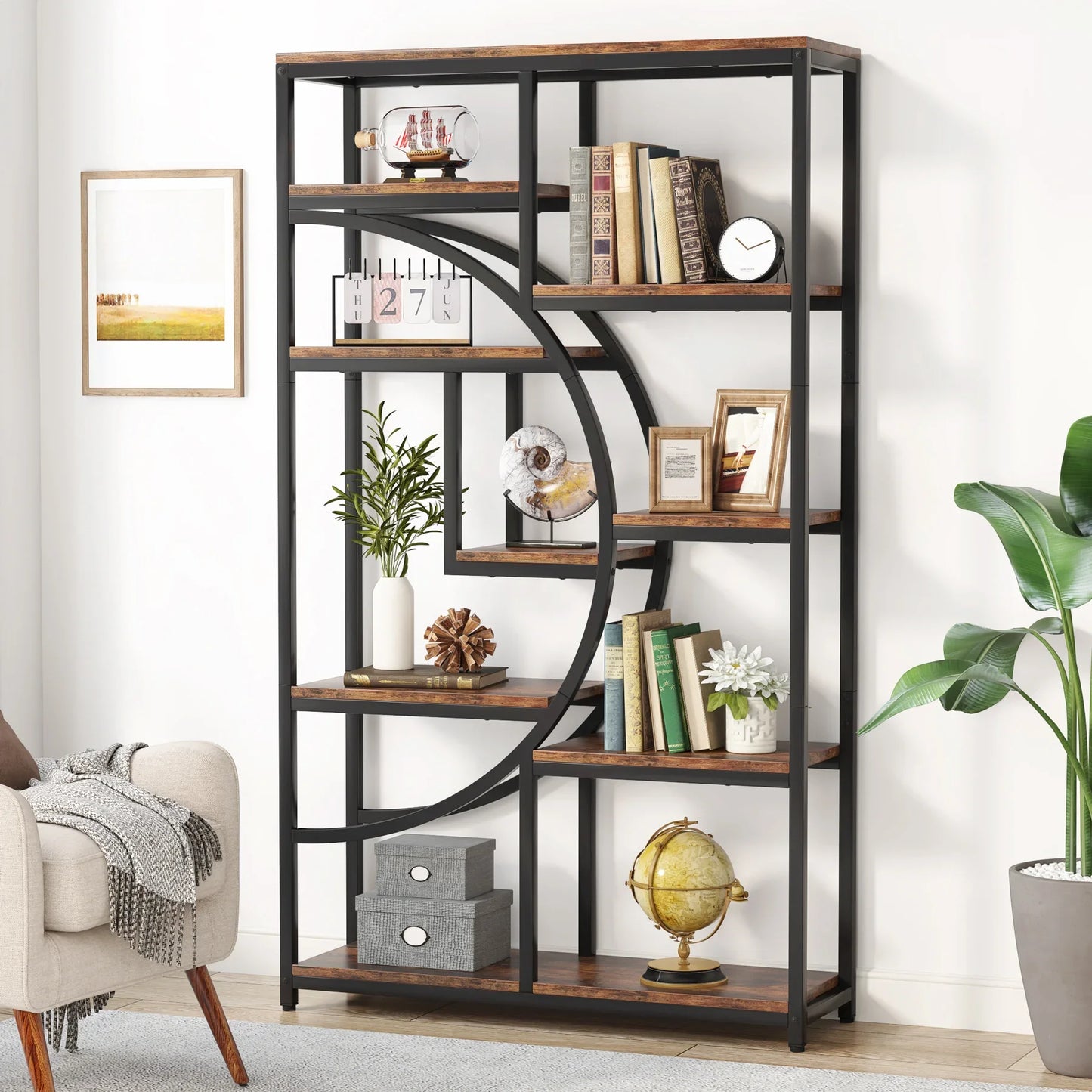 Tribesigns Industrial 5 Tier Etagere Bookcase Freestanding Shelf Black Iron Rustic Wood-A