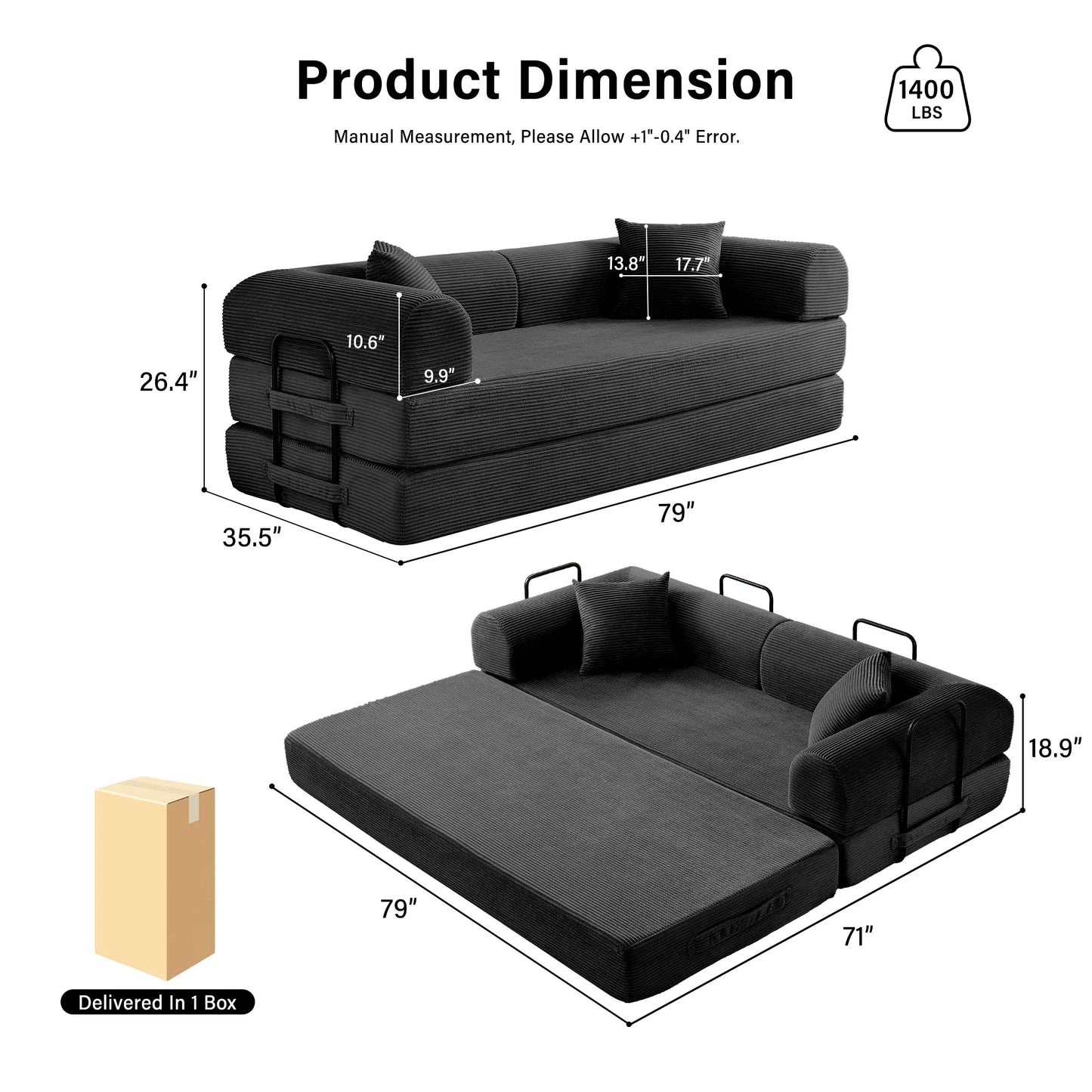 Foldable Convertible Futon Sofa Bed With L Shaped Armrests For Small Spaces Corduroy Upholstery High Density Foam-A
