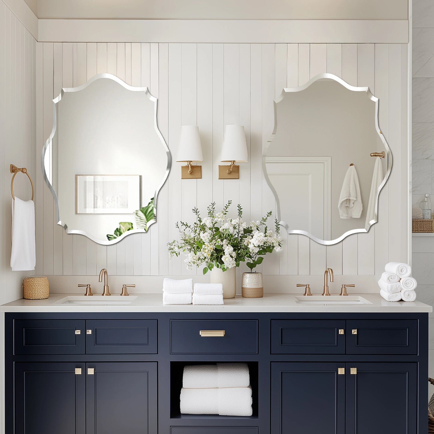 Wisfor Scalloped Frameless Wall Mirror With Beveled Edge Polished Finish For Bathroom Living Room Vanity Bedroom-A
