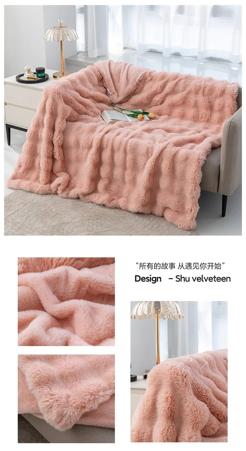 Rabbit Plush Blanket for Winter Warmth in Air Conditioned Rooms and Sofas Ultra Soft Cozy Throw-A