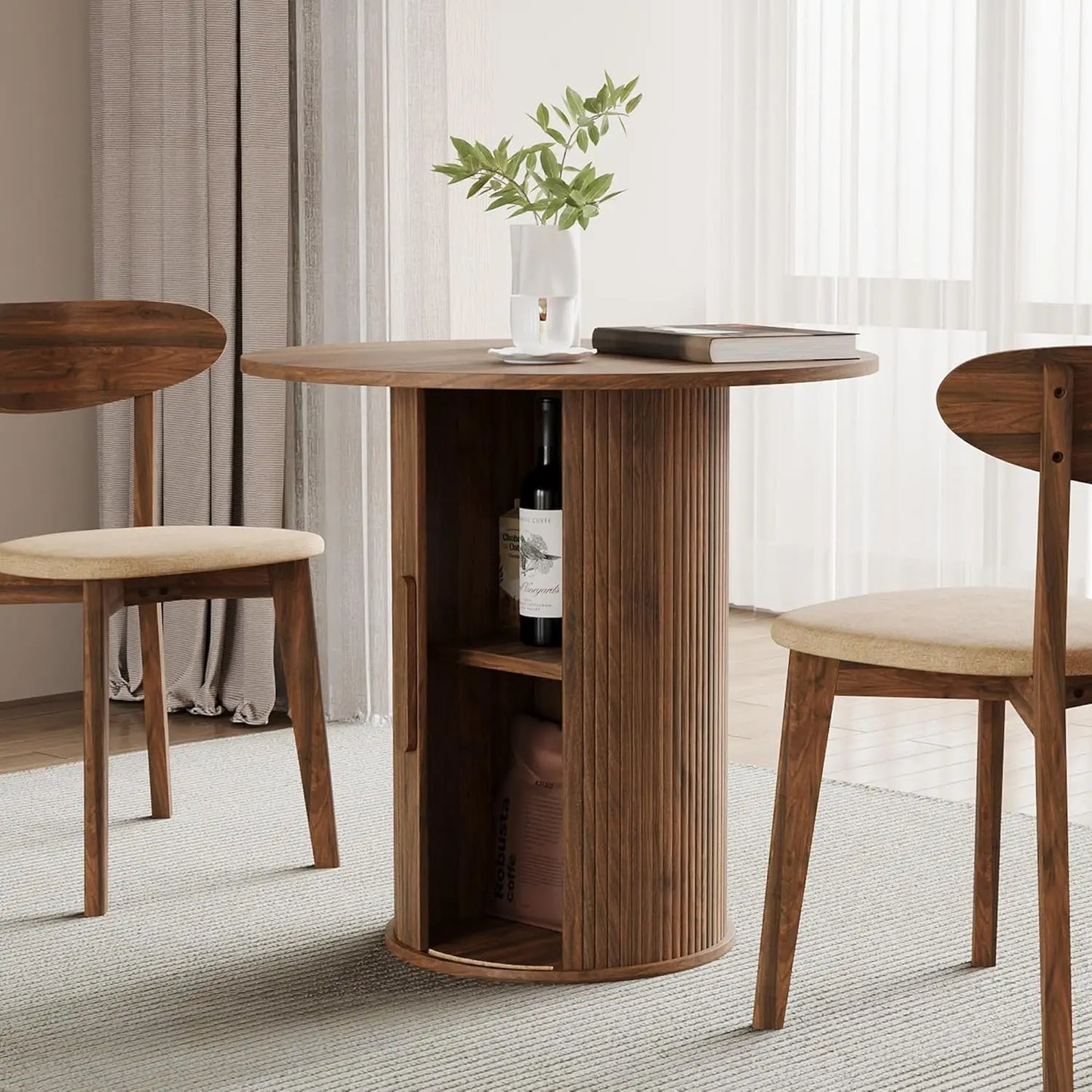Extendable Round To Oval Dining Table With Hidden Storage Cabinet For Four To Six Guests Space Saving Modern Wood-A