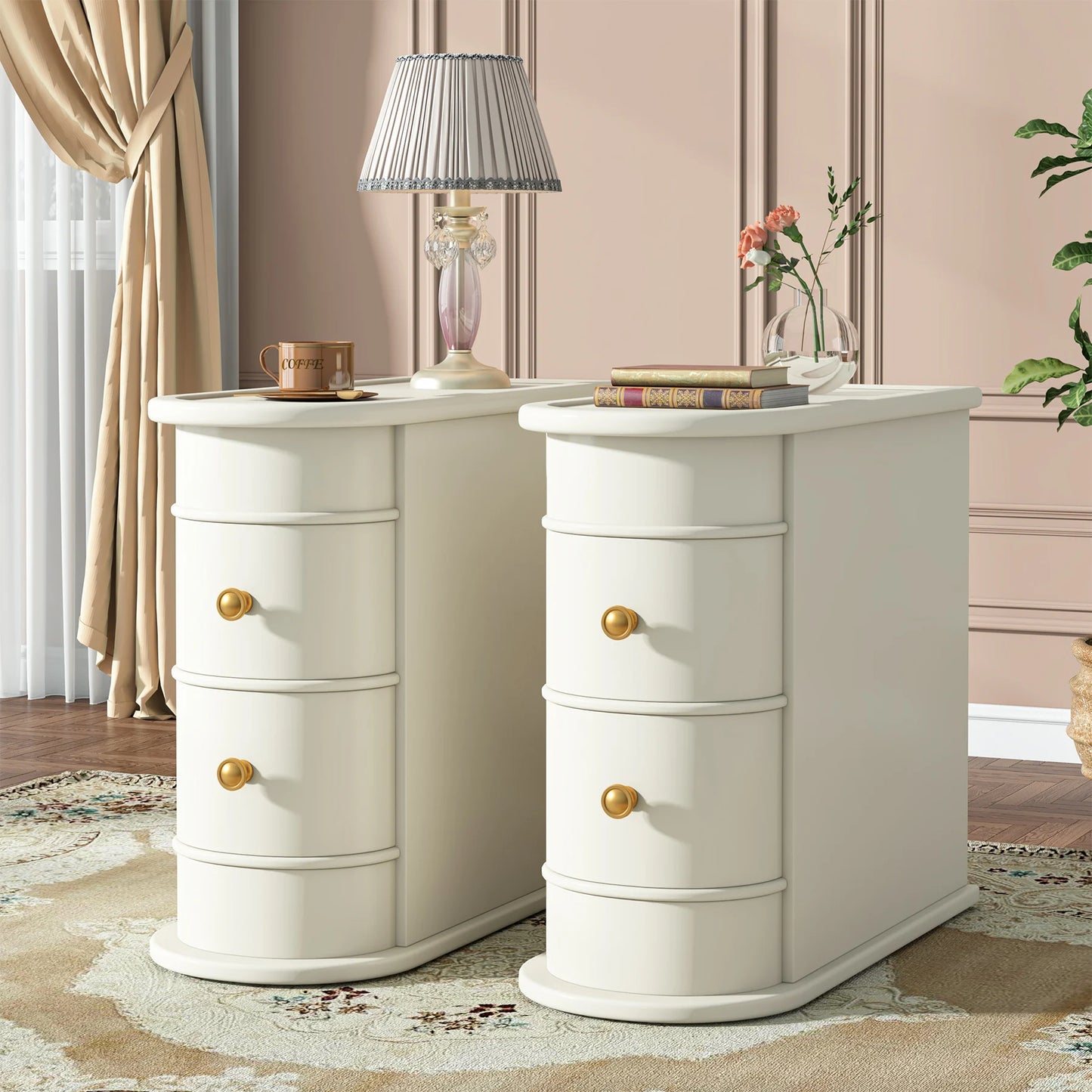 Tribesigns Round Solid Wood End Table With Two Sliding Drawers No Assembly Required Nightstand-A