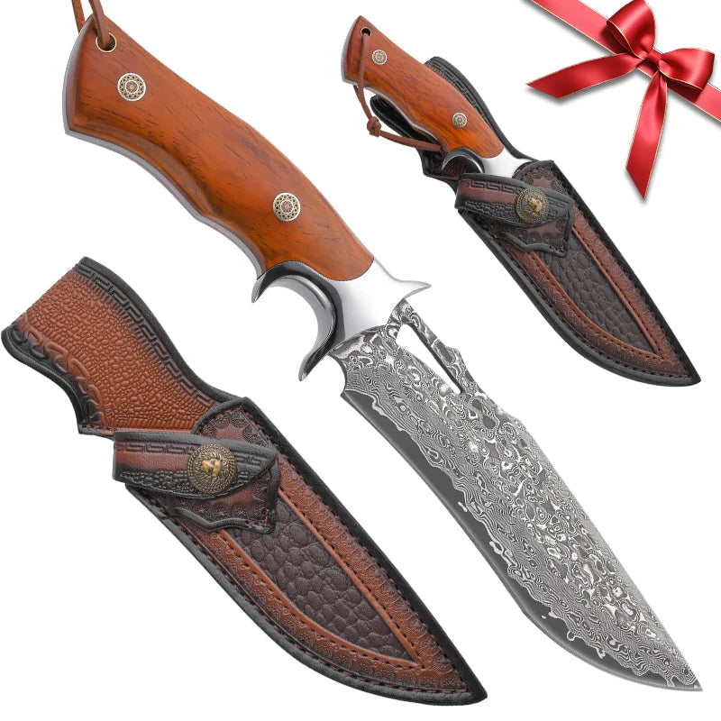 Stainless Steel Fixed Blade Knife With Wooden Handle And Leather Scabbard 14.5 cm Blade-A