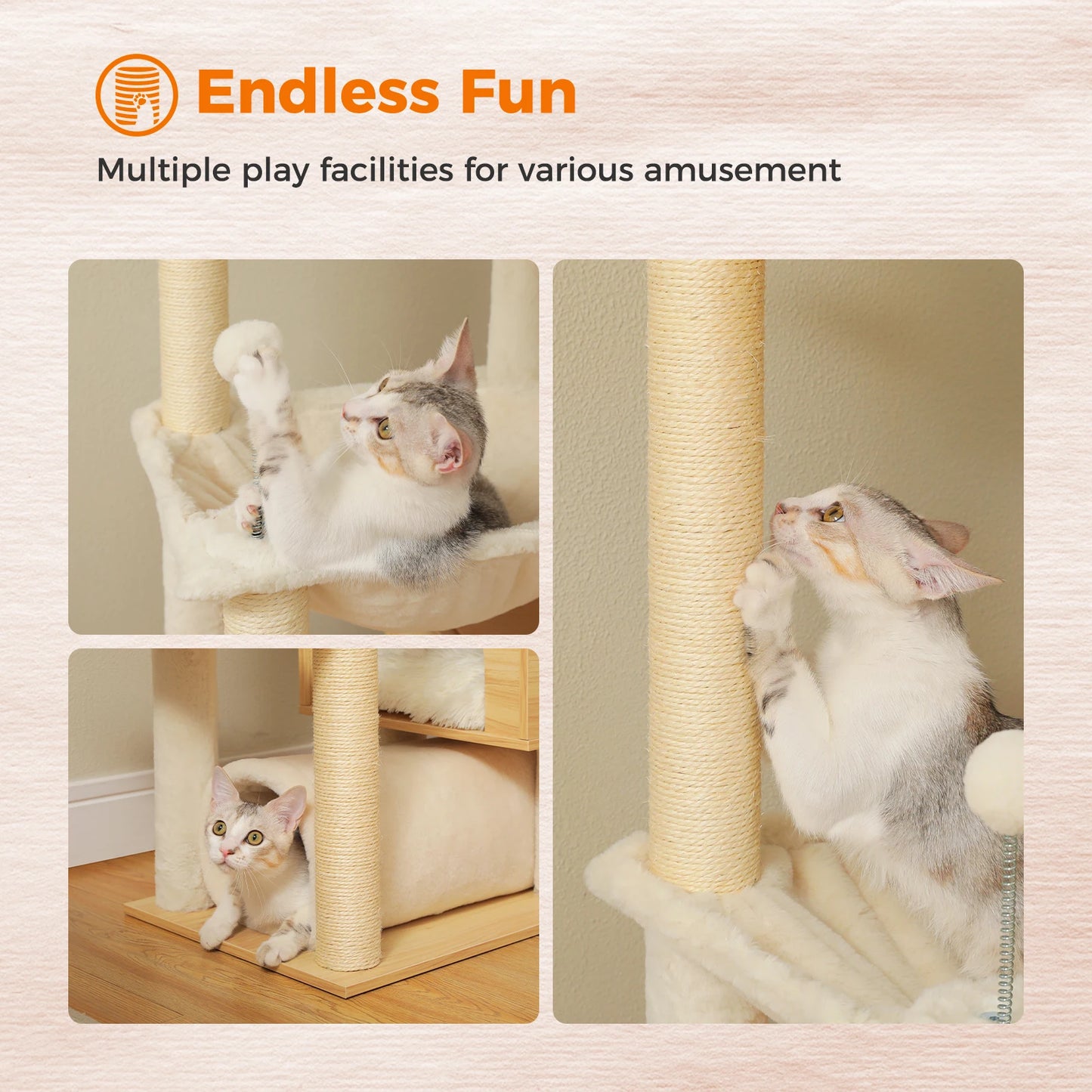 PAWZ Road Height Adjustable Wooden Cat Tree With Large Hammock For Indoor Cats And Multi Level Climbing-A
