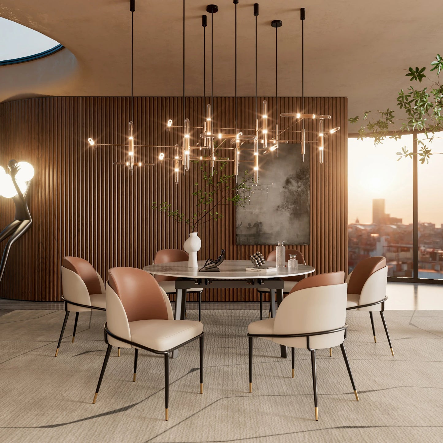 Modern Faux Leather Dining Chairs Pair With Upholstered Wood Back Curved Minimalist Two Tone Beige And Reddish Brown-A