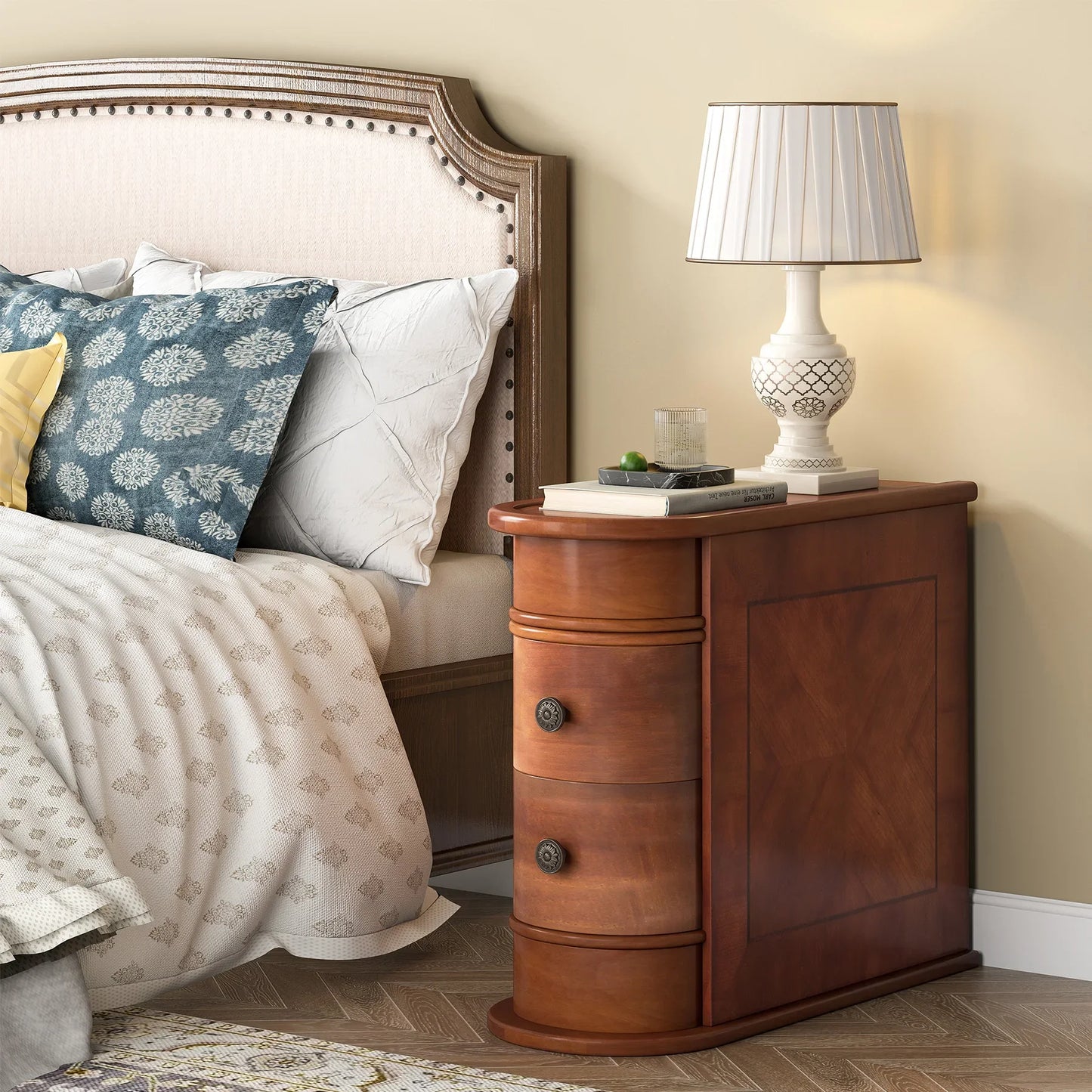 Tribesigns Round Solid Wood End Table With Two Sliding Drawers No Assembly Required Nightstand-A