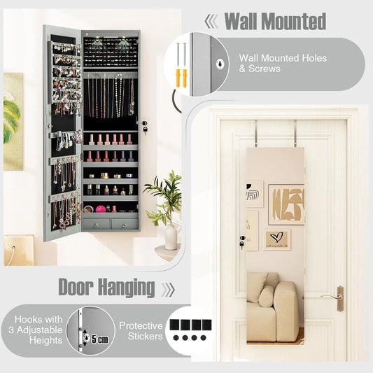 Wall Mounted Jewelry Armoire With Full Length Mirror And LEDs