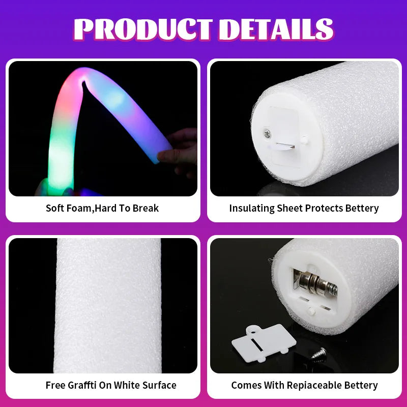 XIEJIAM LED Glow Foam Sticks RGB Bulk Party Supplies 12 Hour Battery Life And Pearl Cotton Foam For Comfortable Grip-A