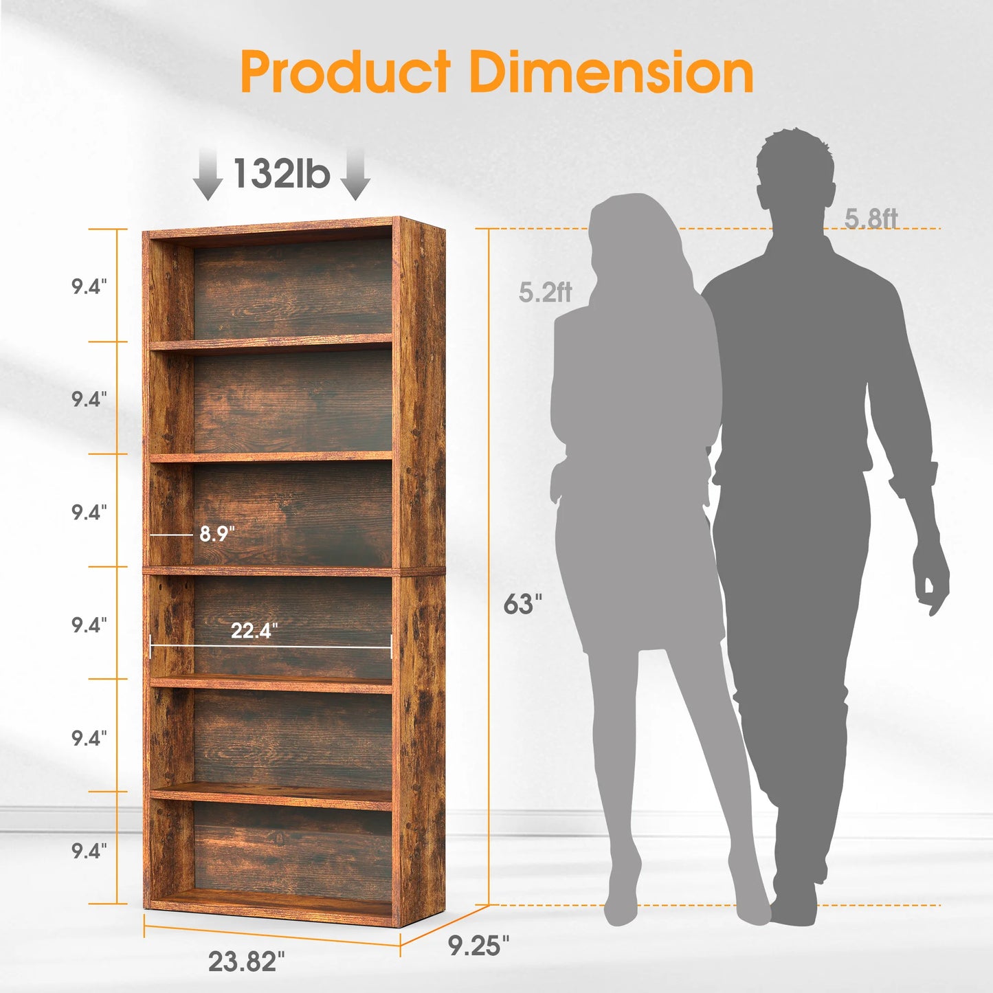 MCQ Wooden Bookcase With Open Shelves And Display Storage Six Shelf Unit For Books Photos And Collectibles-A