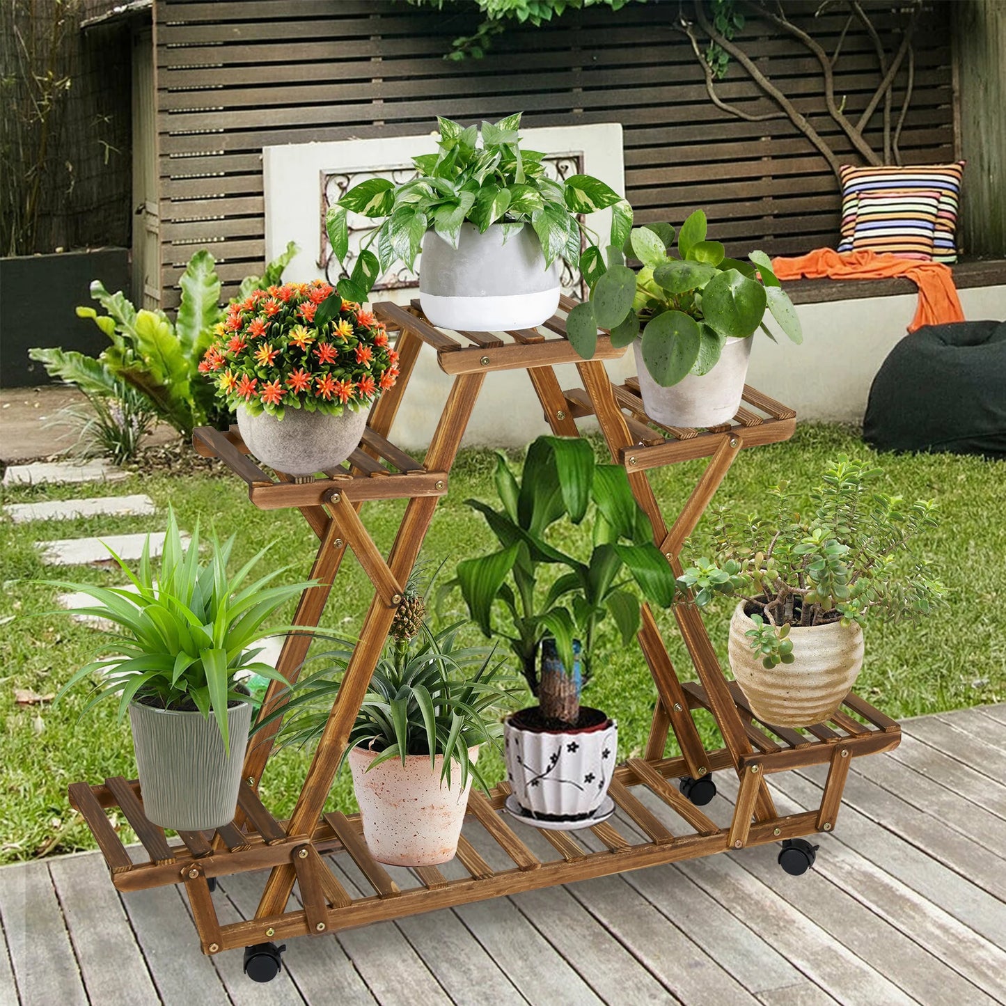 Triangular Six Pot Plant Shelf On Wheels Carbonized Wood Garden Plant Stand Display Rack-A