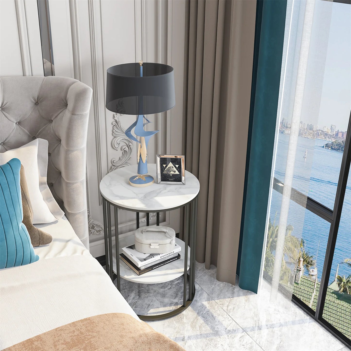 Wisfor Two Tier Sintered Stone Round End Table With Black Frame Nordic Inspired Modern Side Table-A
