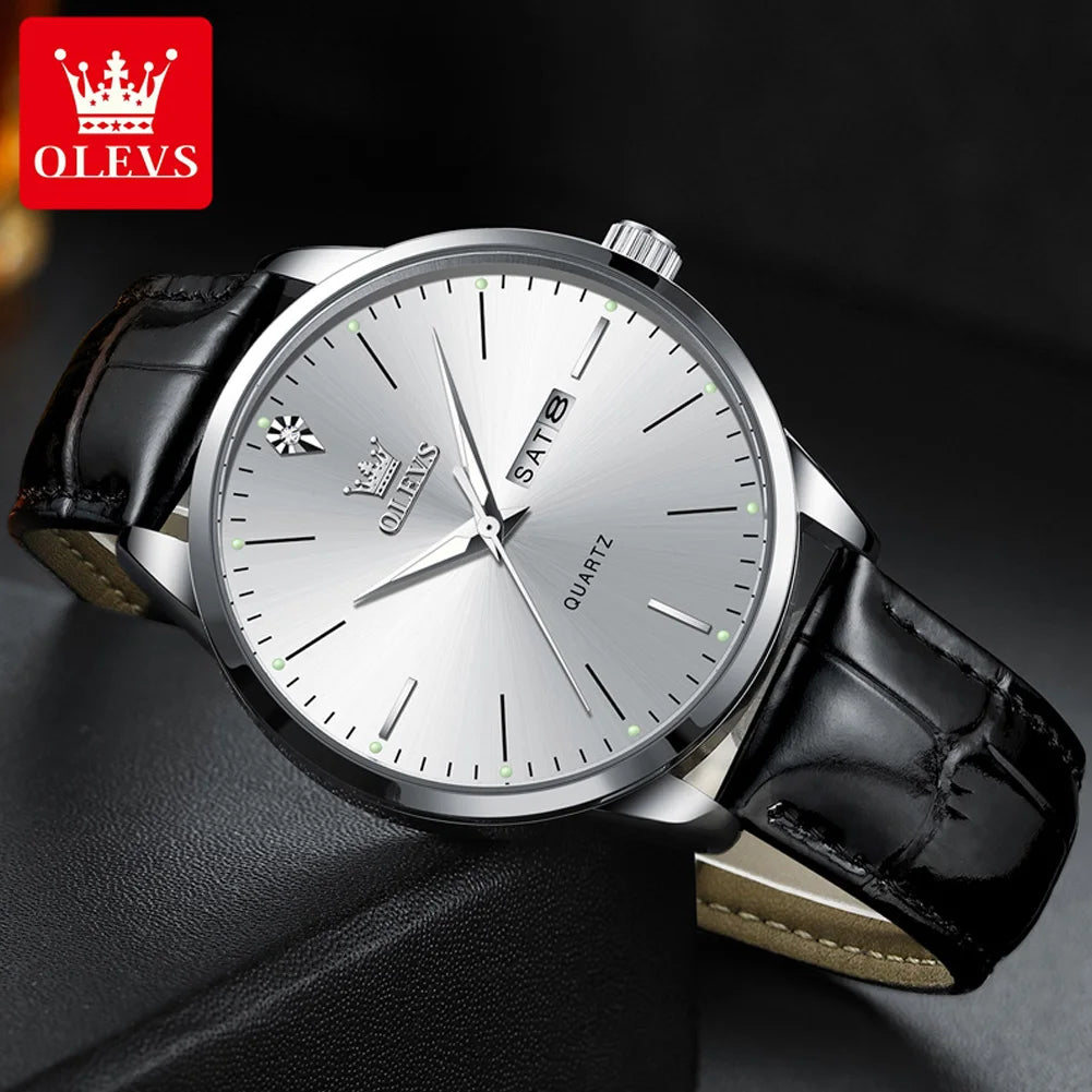 OLEVS Men Quartz Watch With Dual Calendar Auto Date Leather Strap Water Resistant Luminous Hands-A