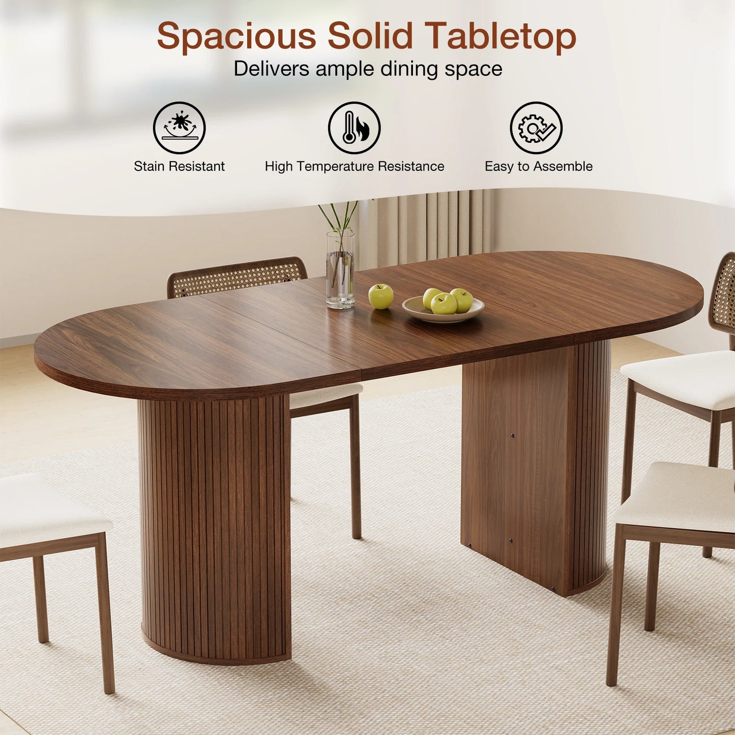 Walnut Finish Solid Wood Oval Dining Table With Semi Cylindrical Legs For Countryside Charm And Elegant Dining Room-A