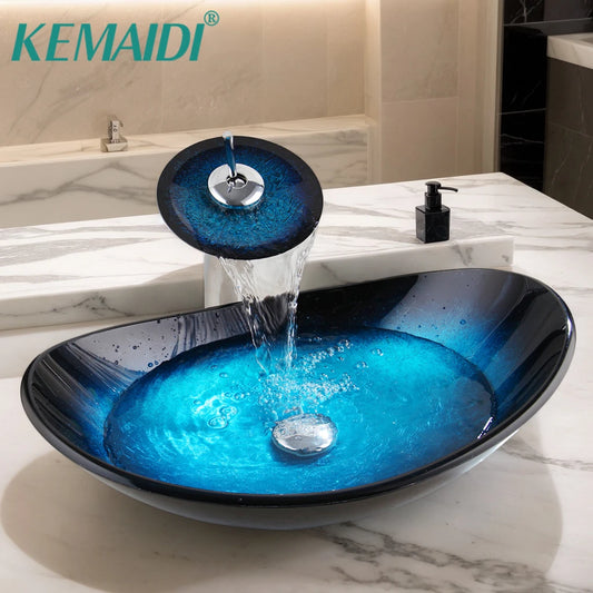 YANKSMART Oval Glass Vessel Sink With Chrome Faucet