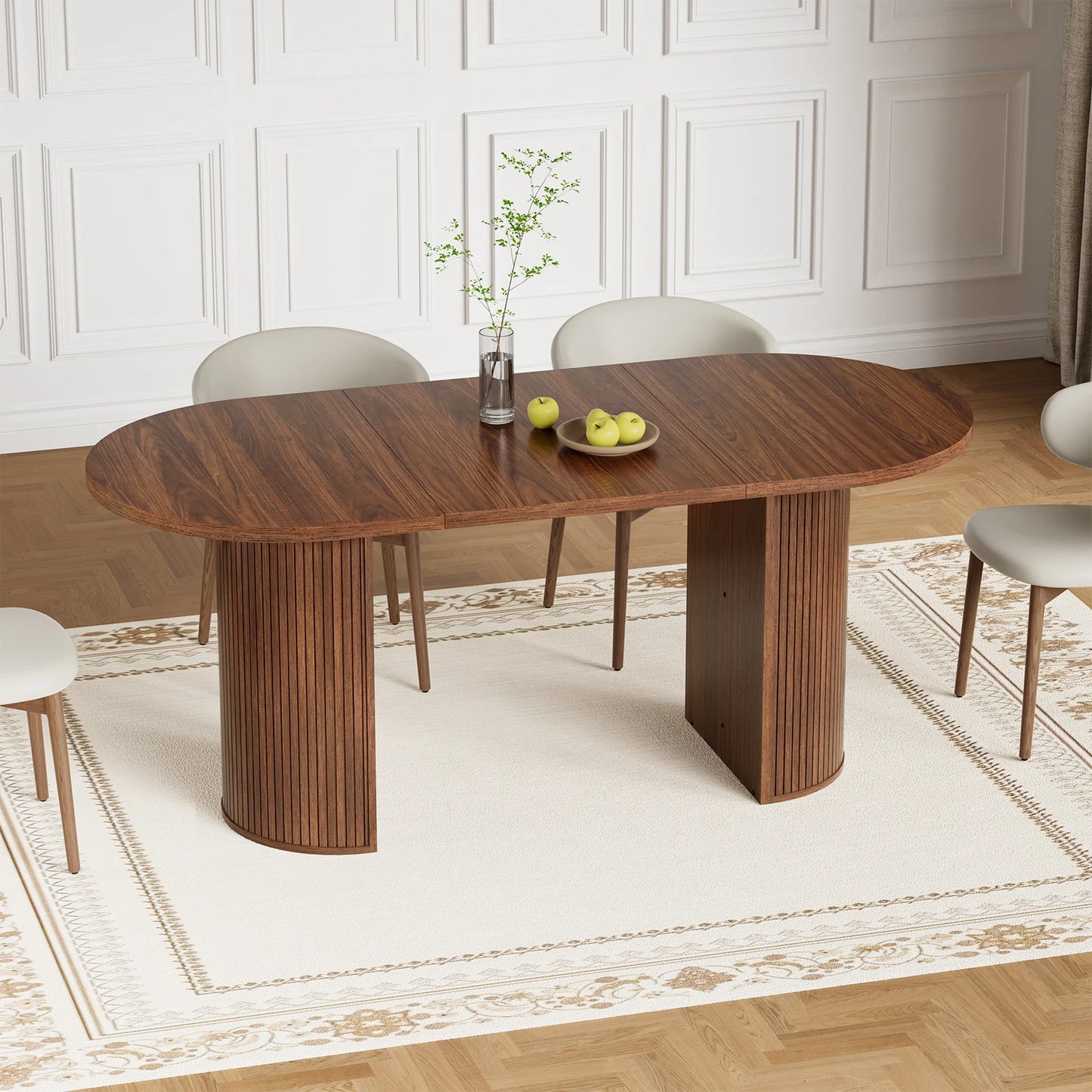 Walnut Finish Solid Wood Oval Dining Table With Semi Cylindrical Legs For Countryside Charm And Elegant Dining Room-A
