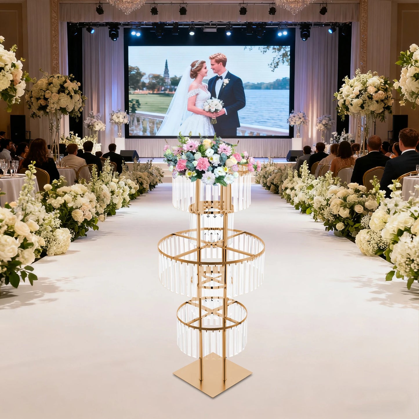 Crystal Clear Acrylic Five Tier Round Flower Stand For Wedding Centerpieces With Stable Base And Easy Assembly-A