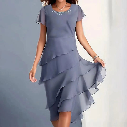 Womens Summer Short Sleeve Round Neck Chiffon Paneled Dress