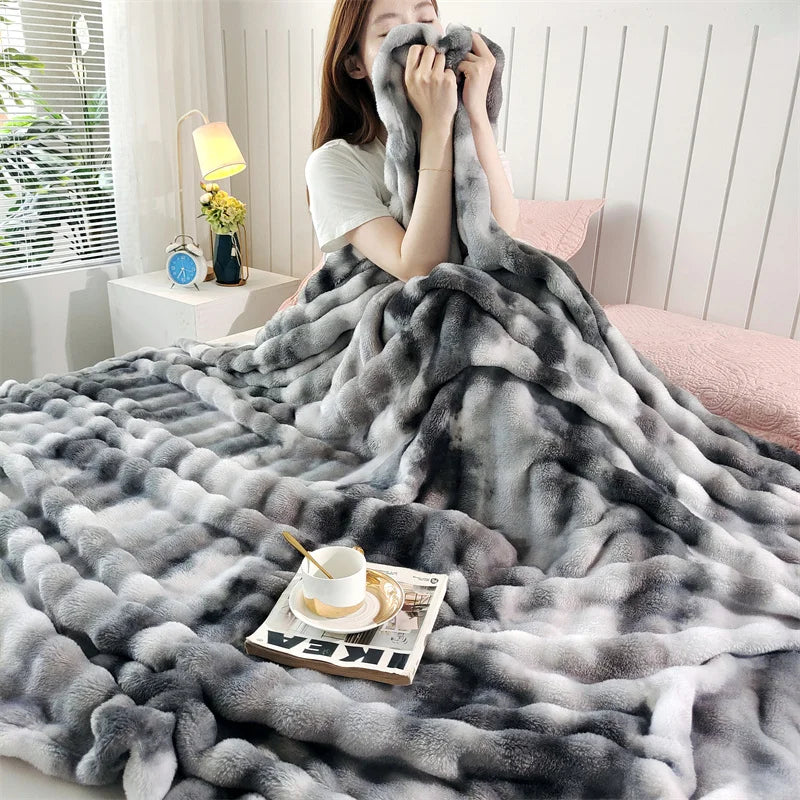 KDV Gradient Bubble Fleece Throw Blanket Plush Faux Rabbit Fur Knit Coral Fleece Texture-A