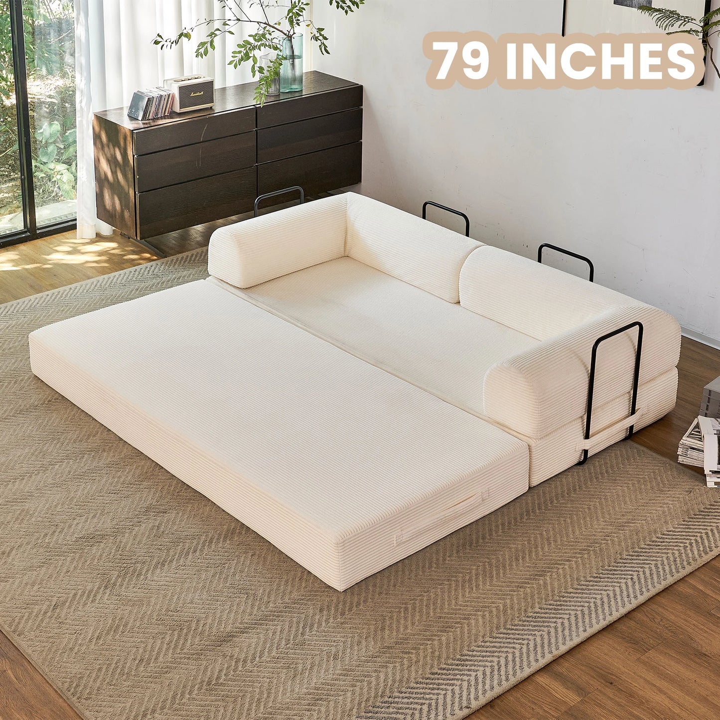 Foldable Convertible Futon Sofa Bed With L Shaped Armrests For Small Spaces Corduroy Upholstery High Density Foam-A
