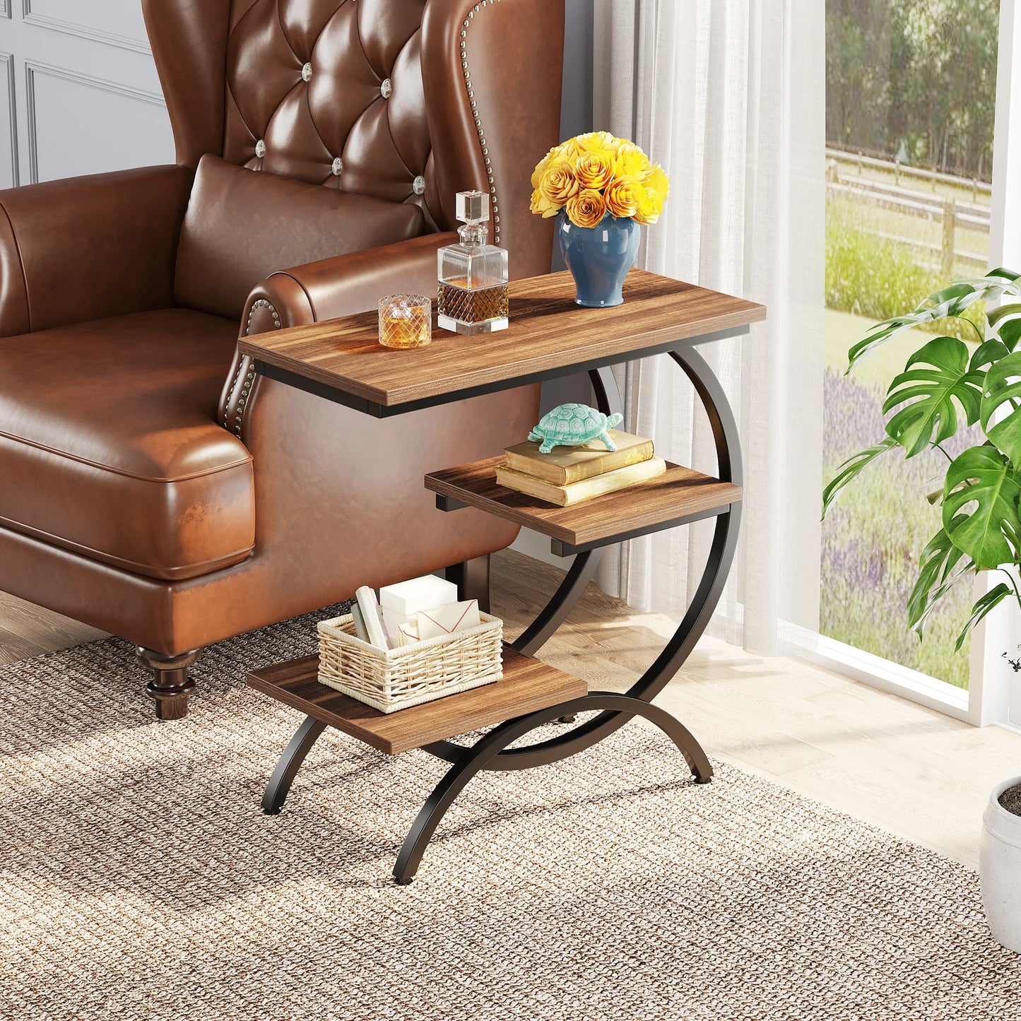 Tribesigns C Shaped End Table With 3 Tier Storage Shelves Rustic Brown Tabletop And Matte Black Metal Frame-A