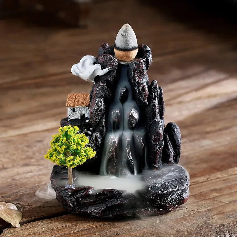 Backflow Incense Holder Resin High Mountain Waterfall Scene Zen Decor Aromatherapy Burner Art Gift-A