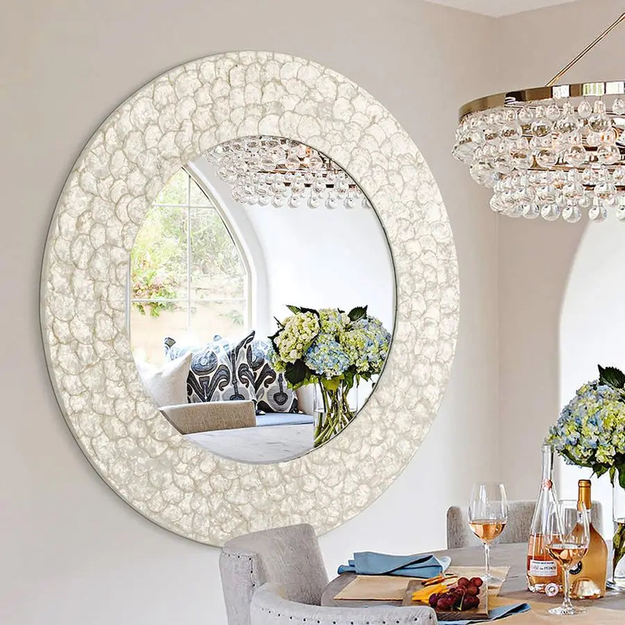 XMSJ Capiz Shell Coastal Mirror With Natural Seashell Circle Frame Handcrafted Unique Wall Mirror-A