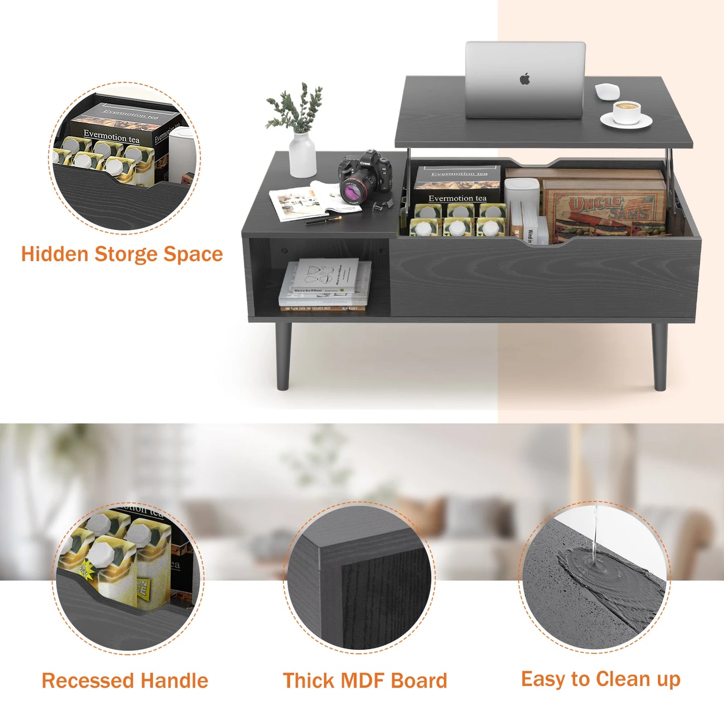 JHK Lift Top Coffee Table With Storage Modern Hidden Storage For Remotes Books And More In Living Room-A
