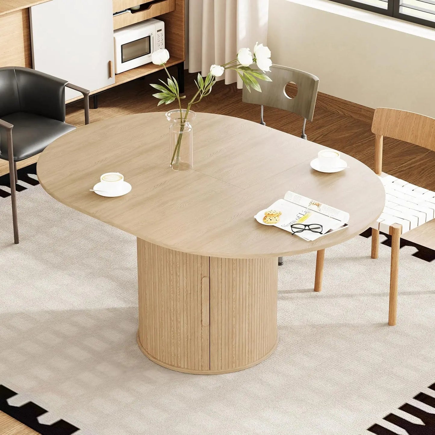 Extendable Round To Oval Dining Table With Hidden Storage Cabinet For Four To Six Guests Space Saving Modern Wood-A