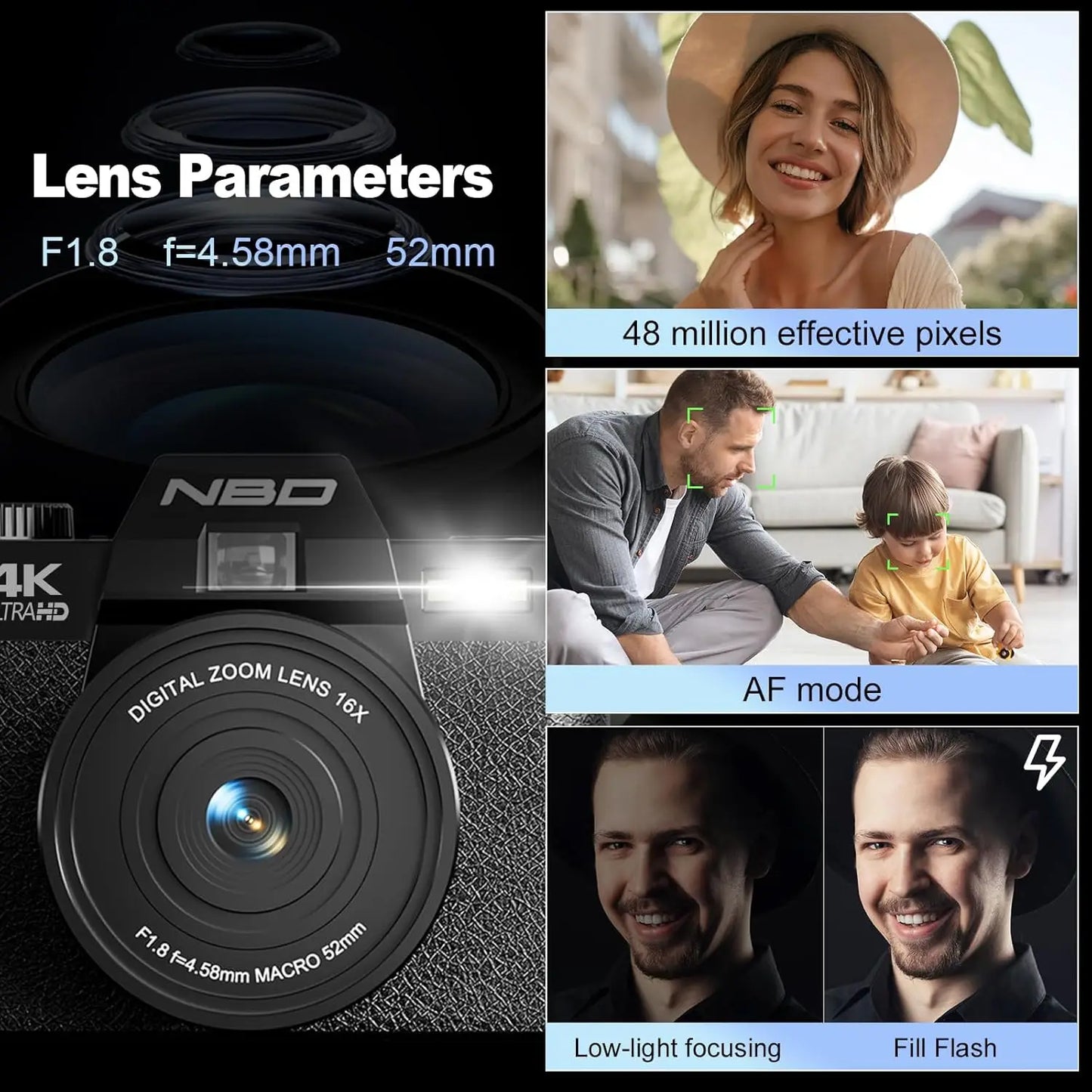 NBD 4K Digital Camera With 48MP Stills And 16X Optical Zoom For Vlogging And Adventure-A