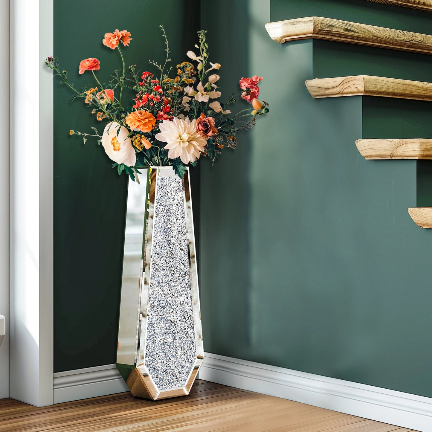 Crushed Diamond Mirrored Floor Vase For Pampas Grass Centerpiece Sparkle Glass Decor-A