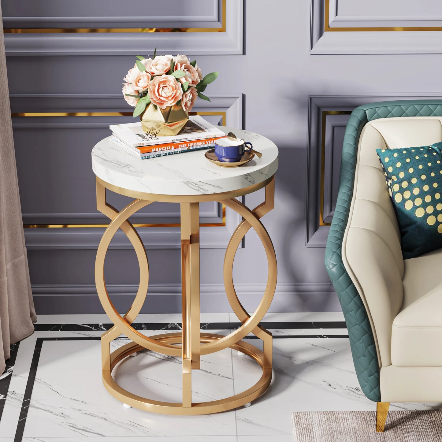 Tribesigns Modern Round End Table With Thick Faux Marble Top And Gold O Base Diameter About 19.7 Inches-A
