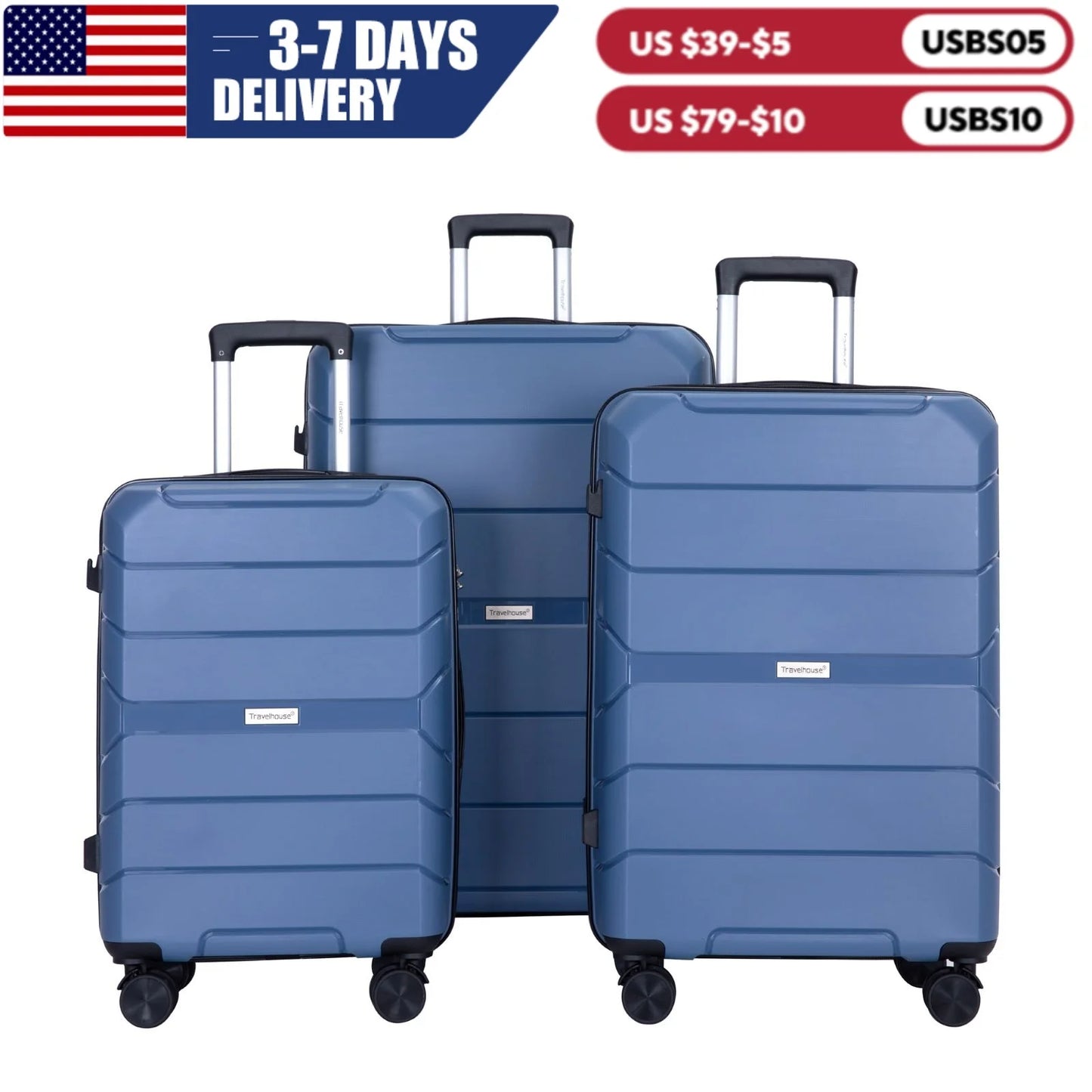 Travelhouse 3 Piece Hardshell Spinner Luggage Set with TSA Lock Durable Lightweight Suitcases for Carry On and Checked-A