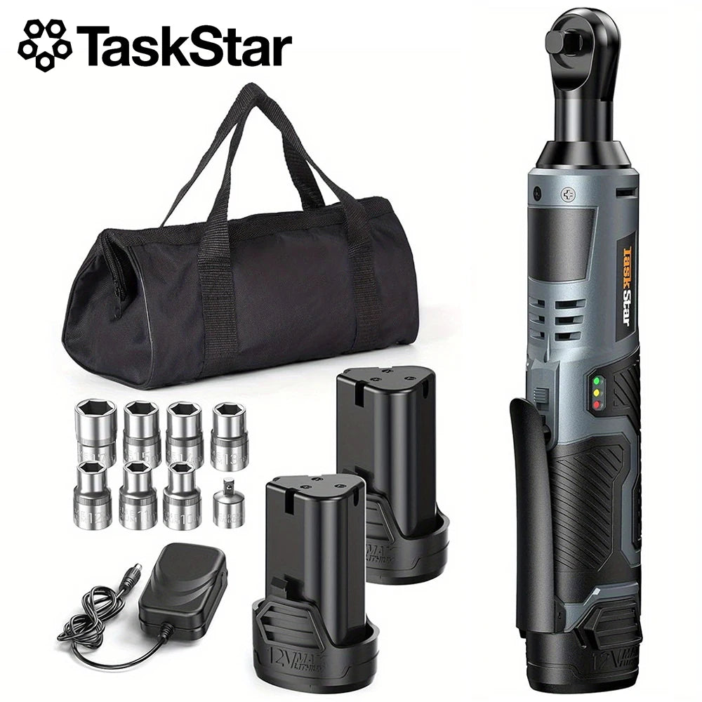 TaskStar 12V Cordless Ratchet Wrench Kit 200 RPM 40 Nm Brushless Motor for Home and Shop Bolt Tightening and Removal-A