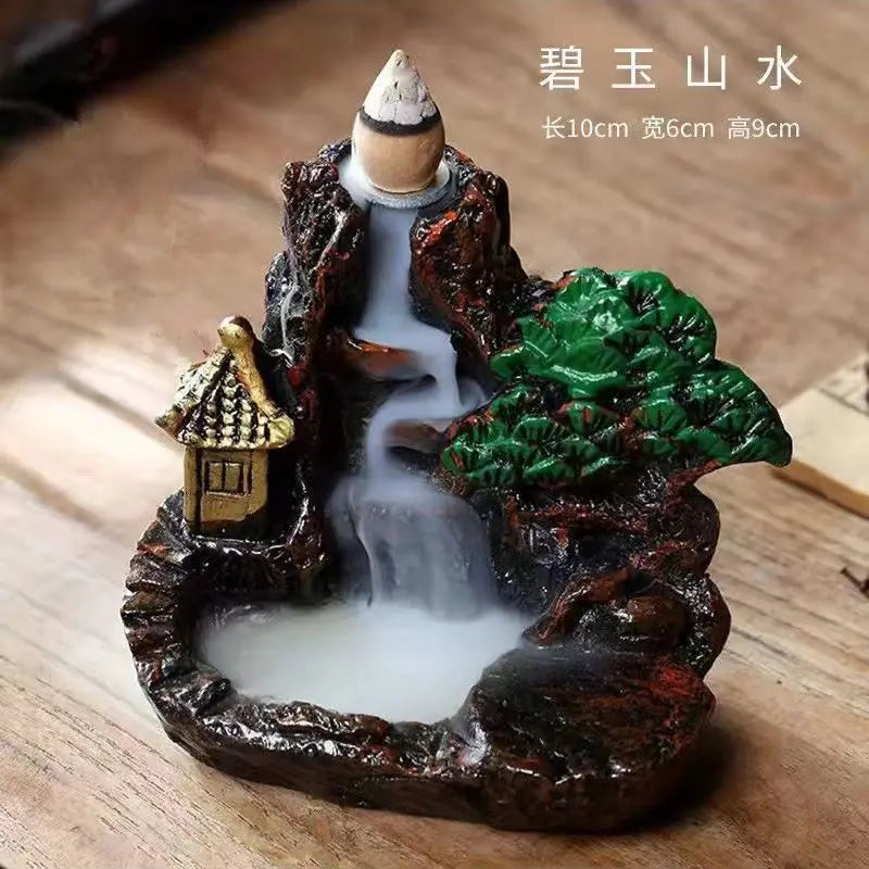 Backflow Incense Holder Resin High Mountain Waterfall Scene Zen Decor Aromatherapy Burner Art Gift-A