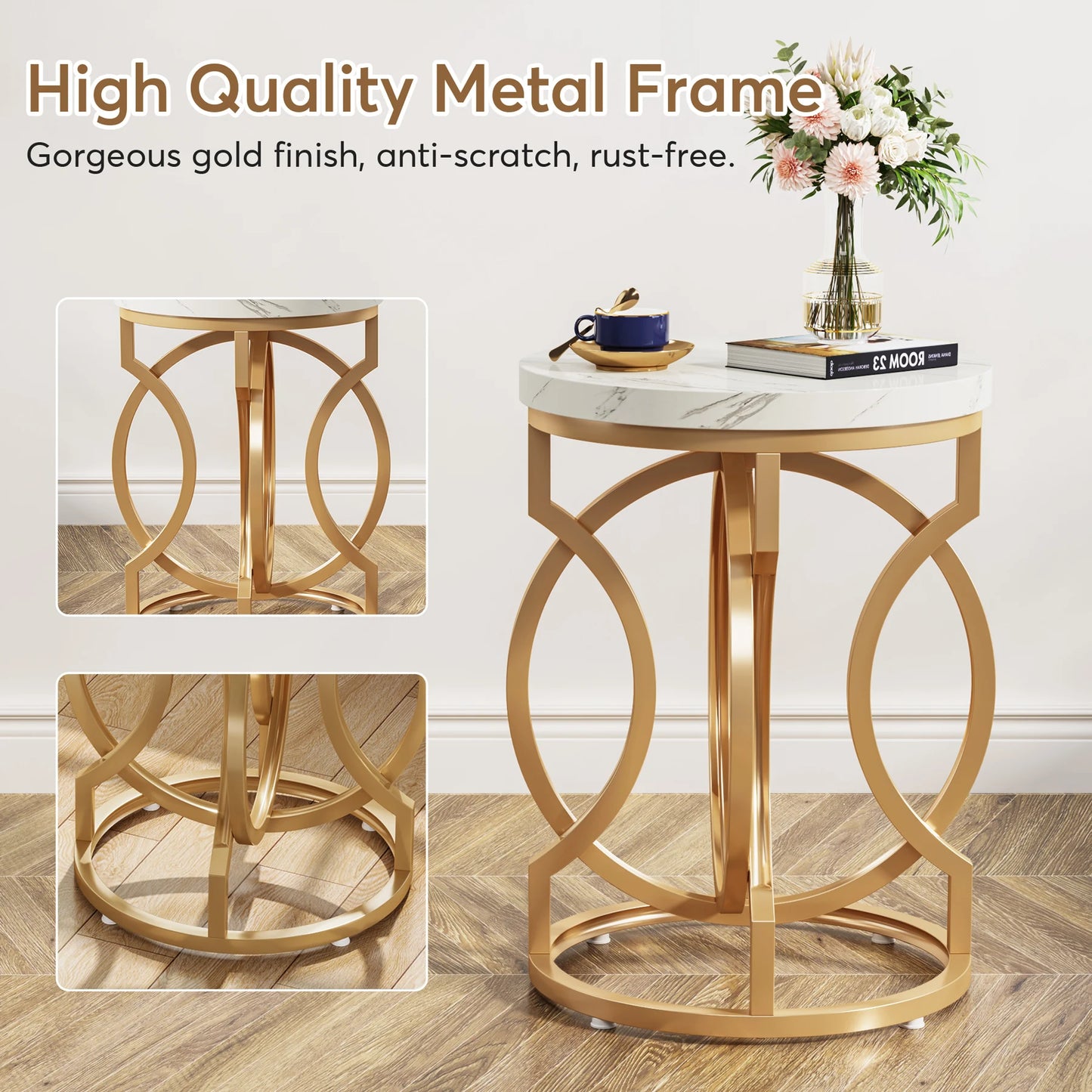 Tribesigns Modern Round End Table With Thick Faux Marble Top And Gold O Base Diameter About 19.7 Inches-A