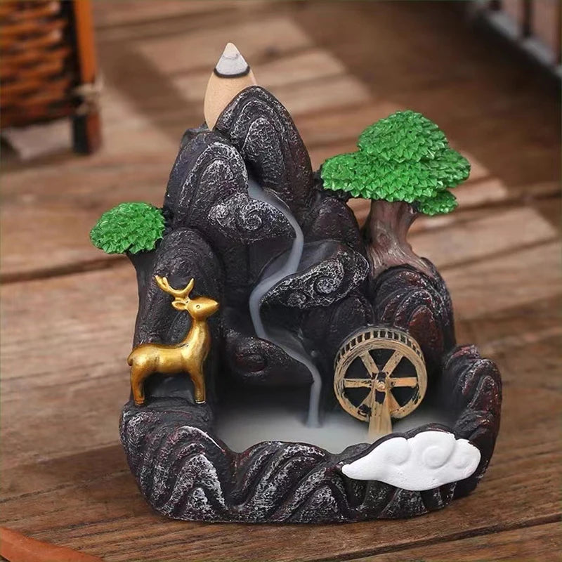 Backflow Incense Holder Resin High Mountain Waterfall Scene Zen Decor Aromatherapy Burner Art Gift-A