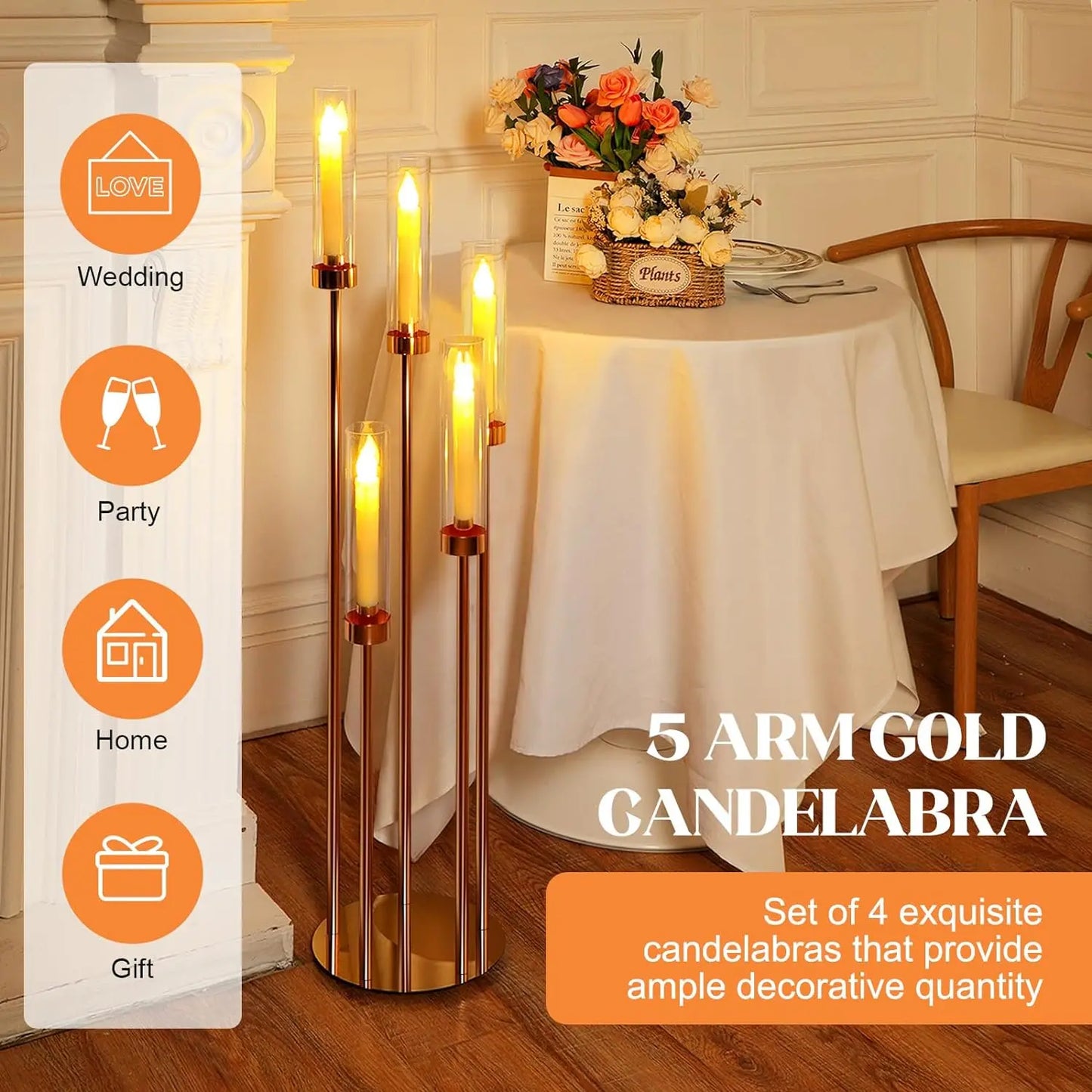 4 Pack Floor Candelabras 5 Arm Metal Candlestick Centerpieces For Home Decor And Events-A