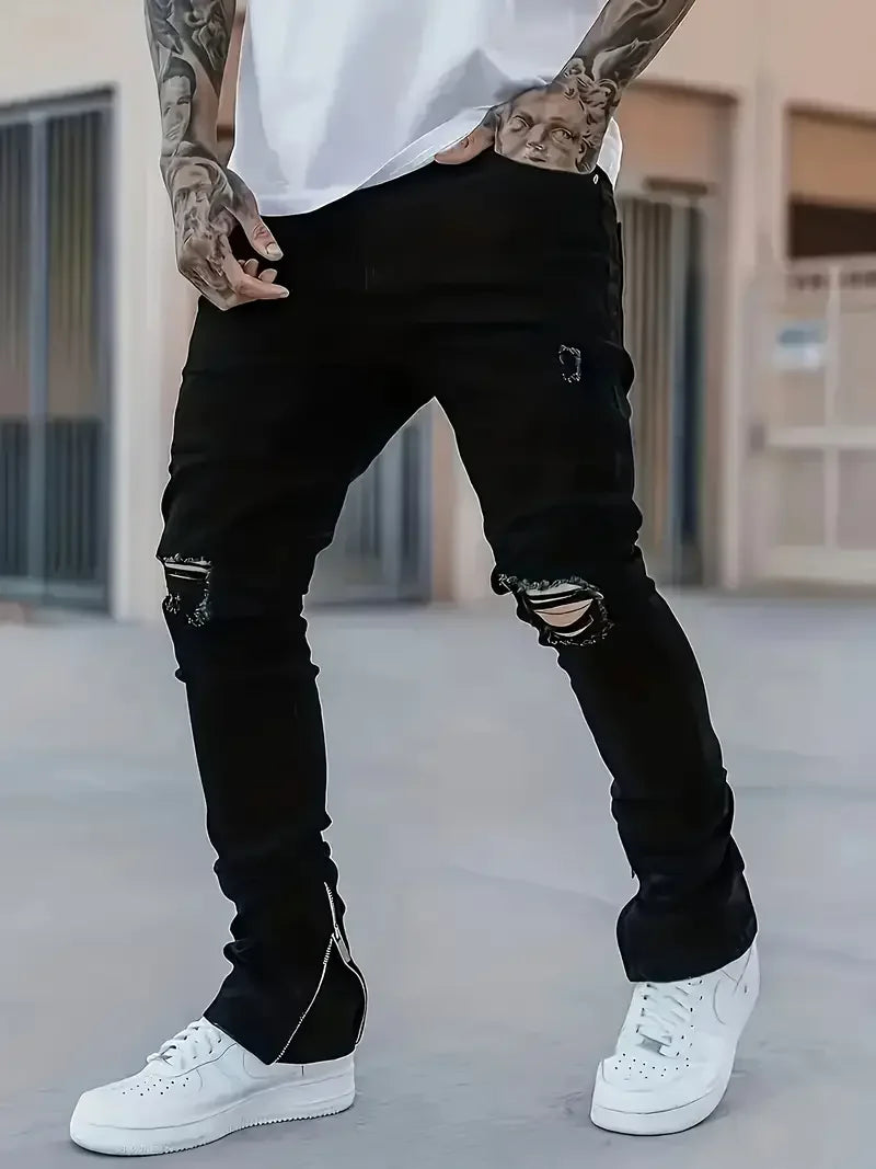 Men Slim Fit Jeans With Ripped Detail Cotton Blend Comfort Stretch Ankle Length Everyday Wear-A