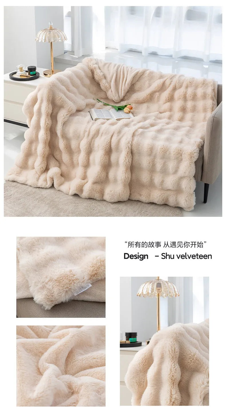 Rabbit Plush Blanket for Winter Warmth in Air Conditioned Rooms and Sofas Ultra Soft Cozy Throw-A