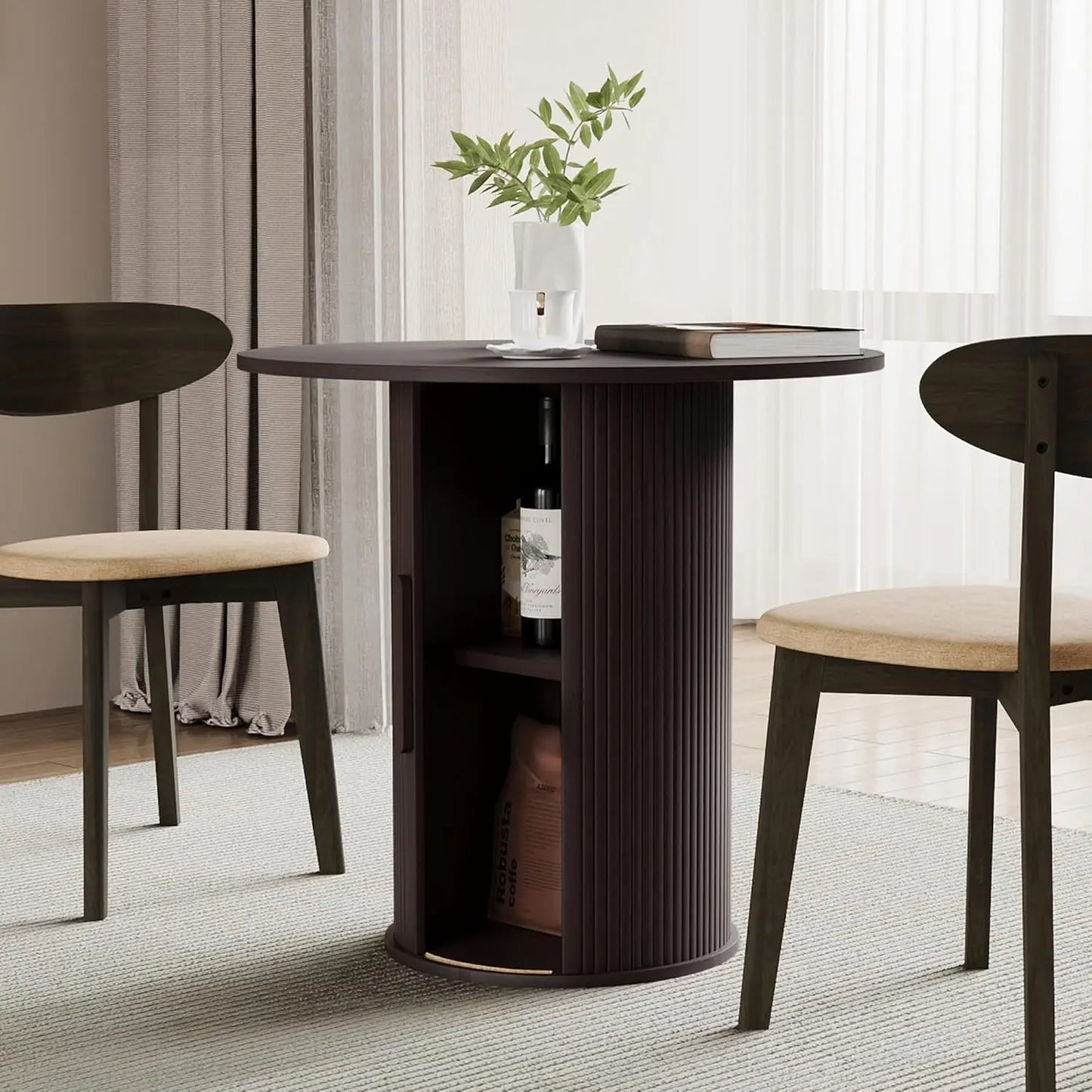 Extendable Round To Oval Dining Table With Hidden Storage Cabinet For Four To Six Guests Space Saving Modern Wood-A
