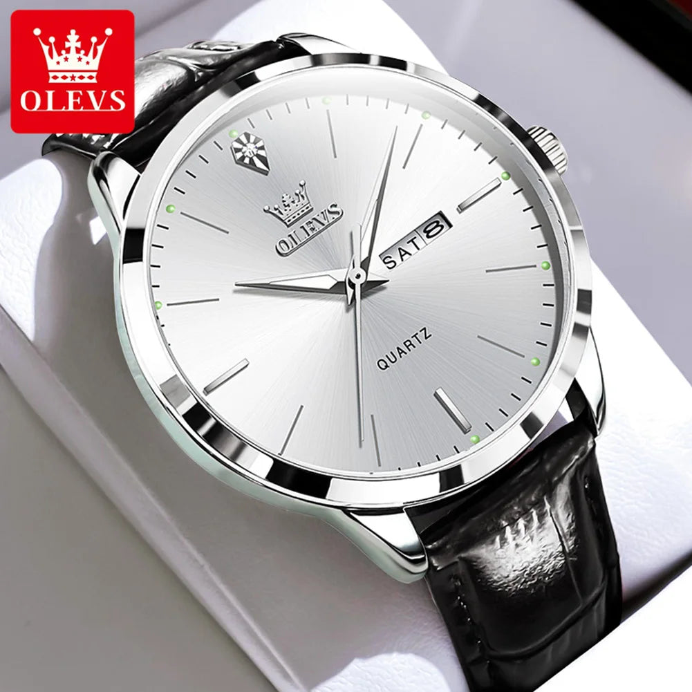 OLEVS Men Quartz Watch With Dual Calendar Auto Date Leather Strap Water Resistant Luminous Hands-A
