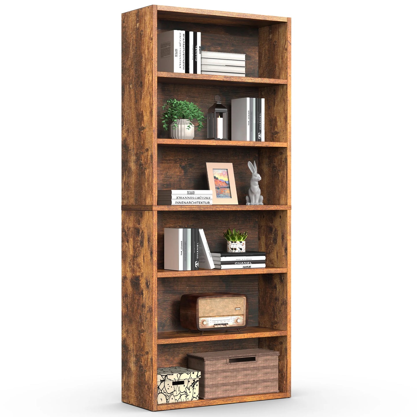 MCQ Wooden Bookcase With Open Shelves And Display Storage Six Shelf Unit For Books Photos And Collectibles-A