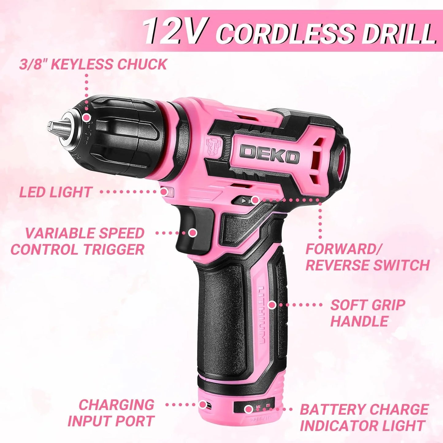 DEKO Home Mechanic Toolbox With 12V Cordless Drill Pink Portable Kit With 1.5Ah Battery-A