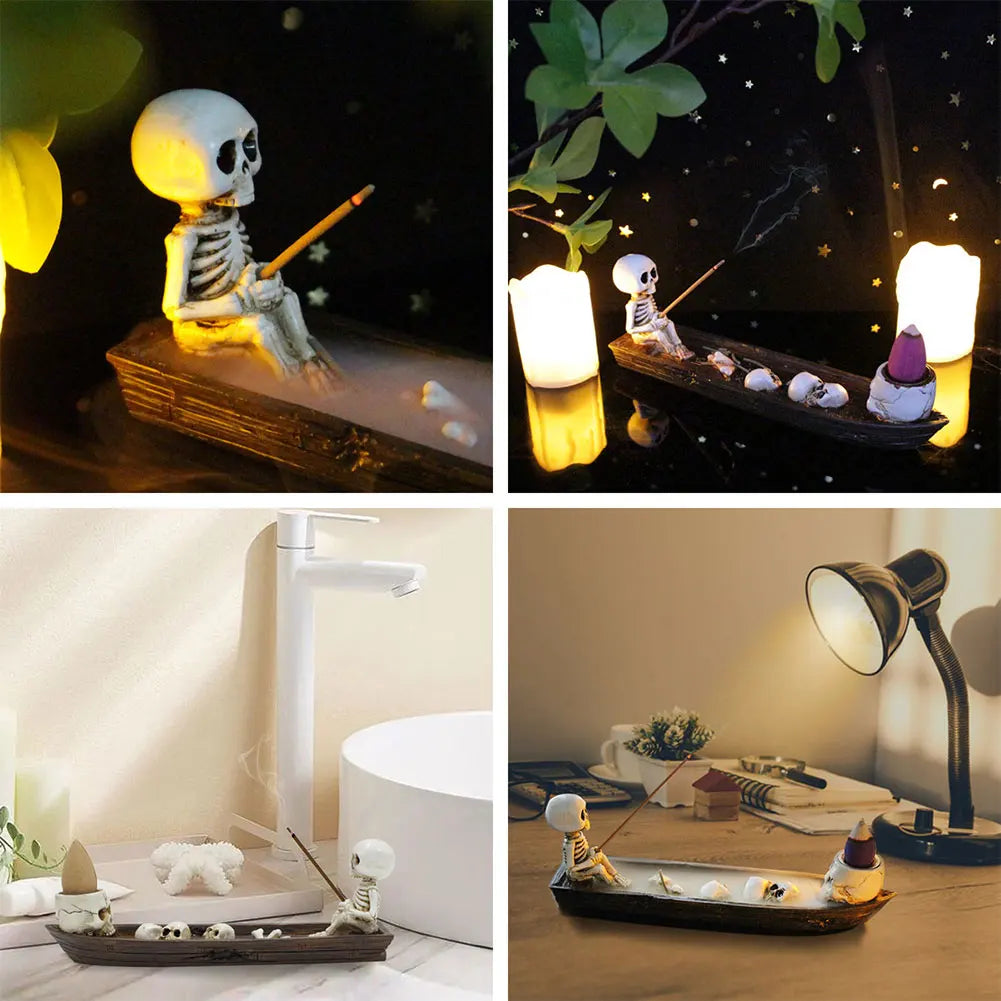 Alloet Skull Boat Incense Holder Gothic Resin Skeleton Stand