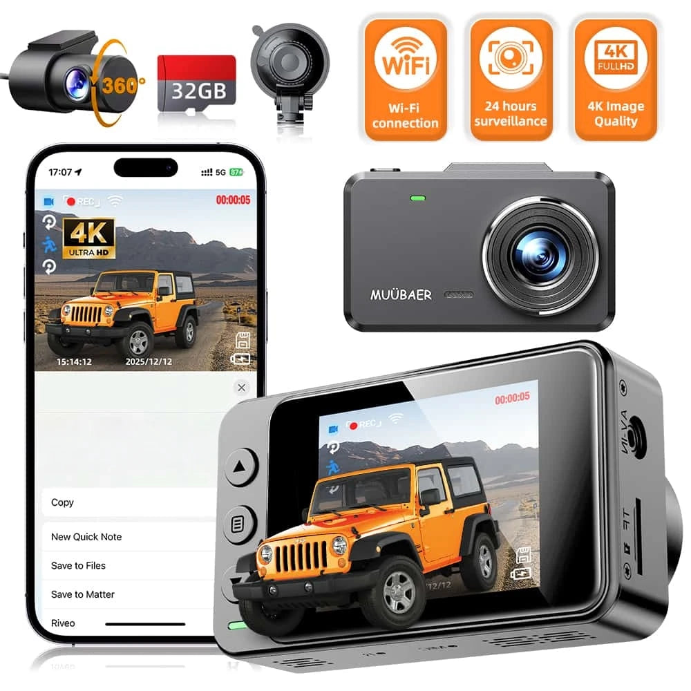MUÜBAER 4K 360 Dash Cam 4 Channel With GPS 5GHz WiFi Front Left Right Rear 360 Degree View-A