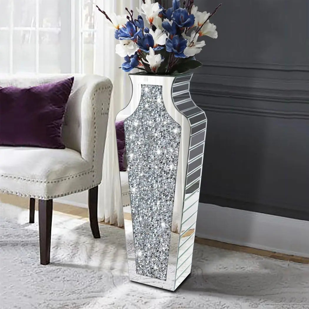 Crushed Diamond Mirrored Floor Vase For Pampas Grass Centerpiece Sparkle Glass Decor-A