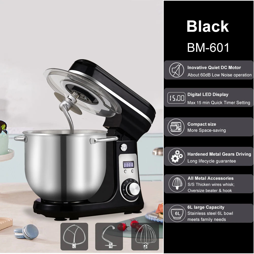 Biolomix Professional 6L Stand Mixer 1200W Copper DC Motor With 6 Speeds And Pulse-A